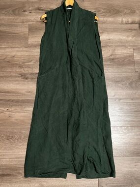 Zara Forest Green Linen Sleeveless Draped Shawl Collar Dress Maxi